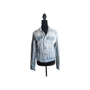 Love Tree Large Distressed Light Wash Cropped Jean Jacket Button Down Retro Y2K